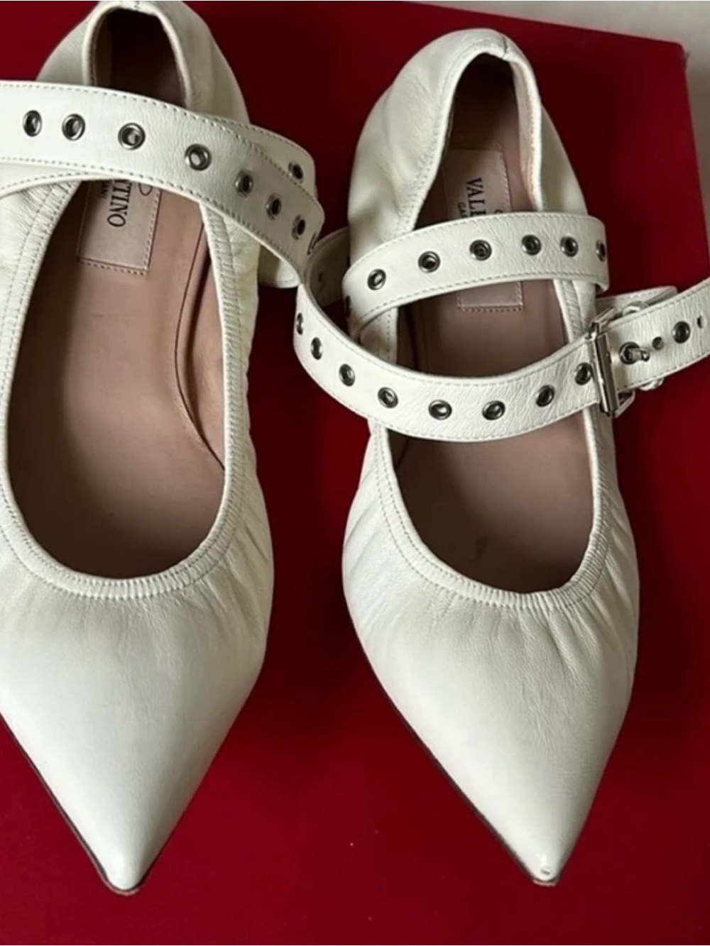 VALENTINO Garavani White Pointed Mary-Jane Flats with Wrap around Strap